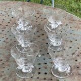 6 elegant clear glass champagne glasses with chiseled flower pattern