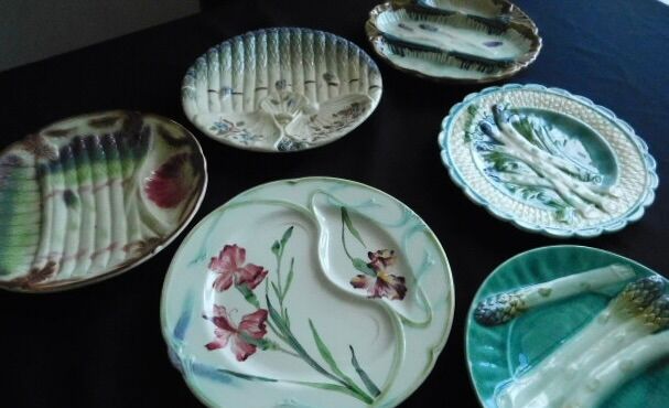6 French Antique Asparagus Plates in Majolica