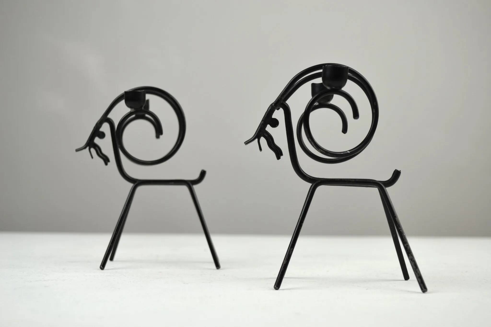 Pair of Black Metal Goat Candleholders — Gunnar Ander for Ystad-Metall, Sweden, 1960s