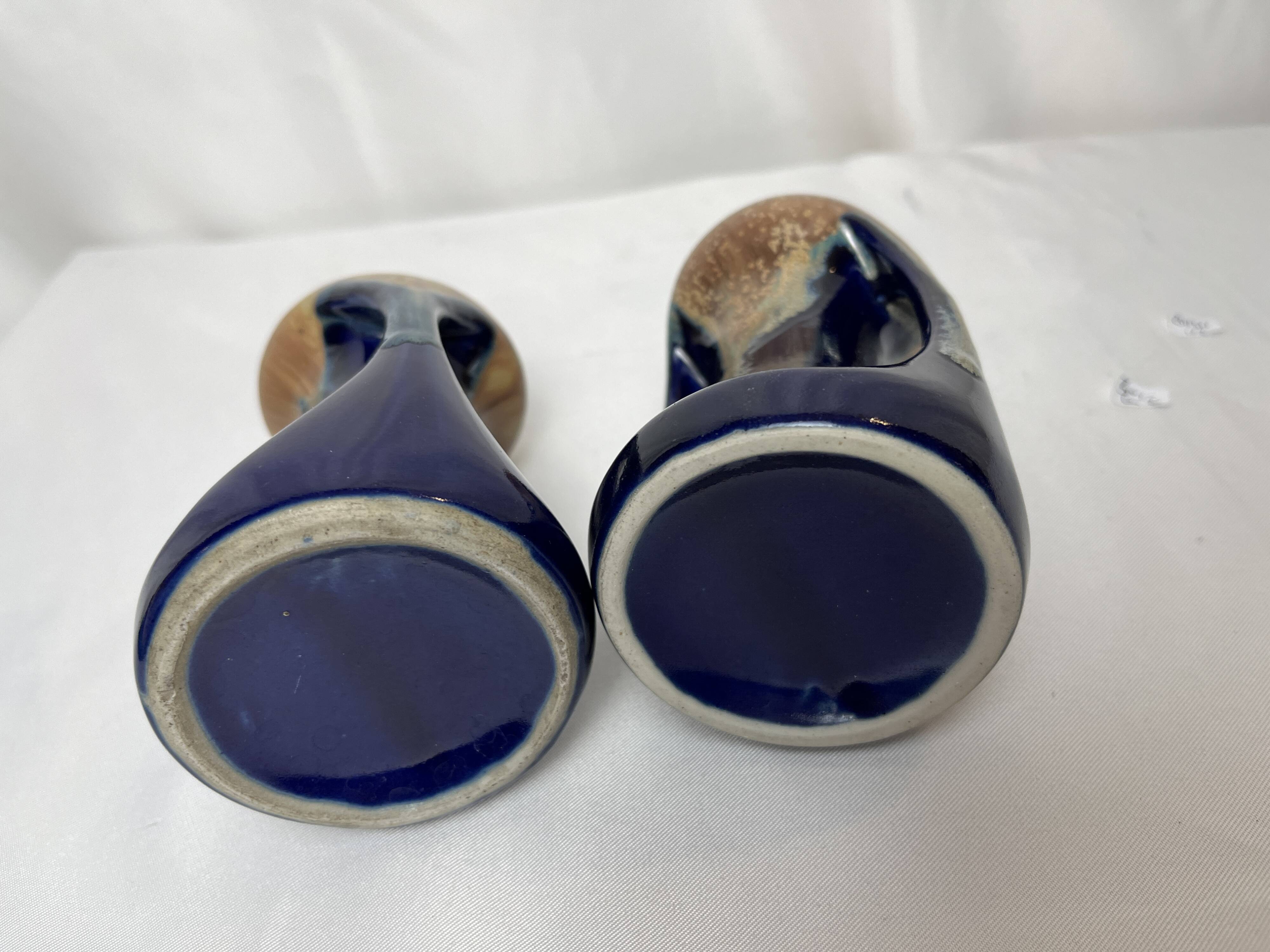 Vintage pair of small enameled stoneware vases with handles circa 1960