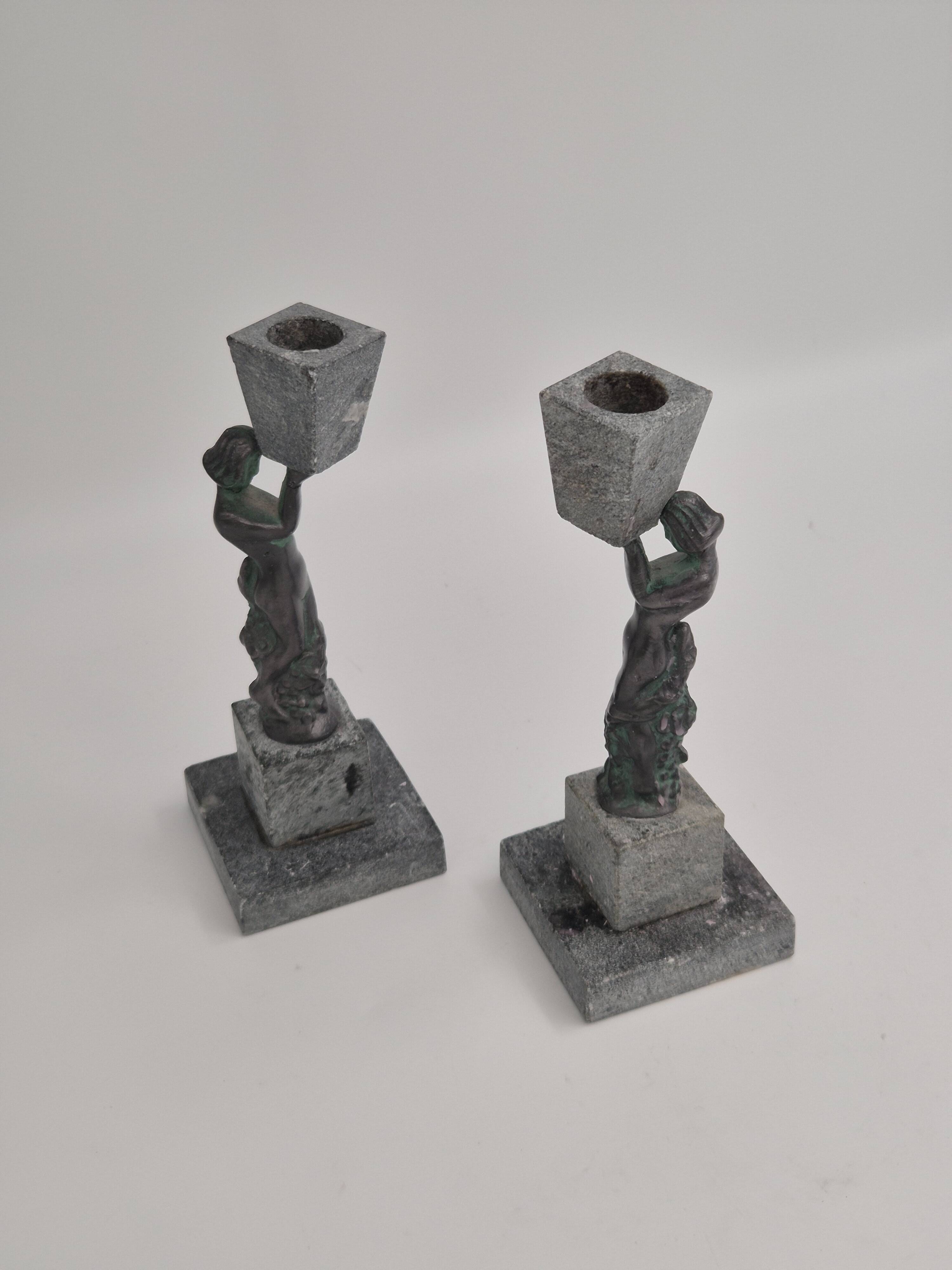 Rare decorative candlesticks in bronze and soapstone, Finland, Art Deco