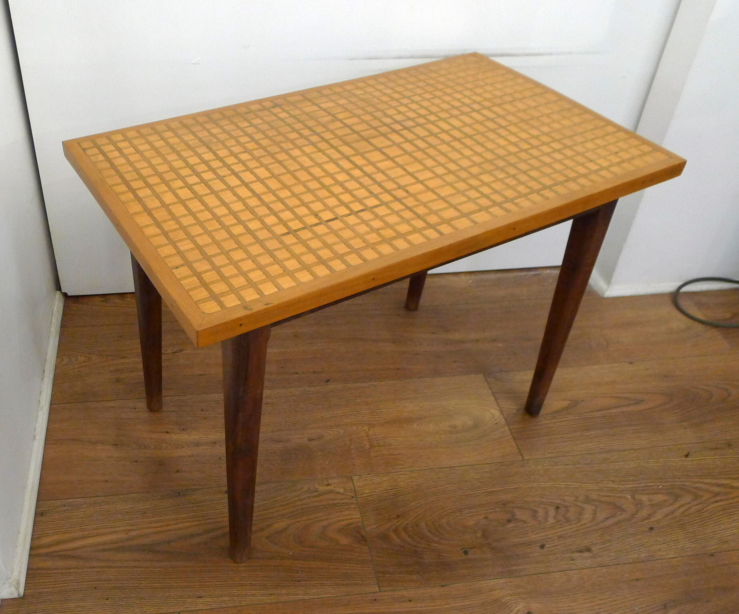 Mid-century grid coffee table, in wood & marquetry