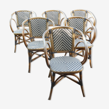 Ensemble de 6 fauteuils bistrot de terrasse en rotin type "parisienne".