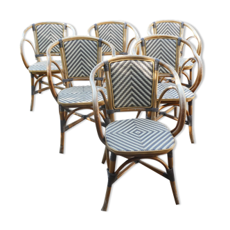 Ensemble de 6 fauteuils bistrot de terrasse en rotin type "parisienne".