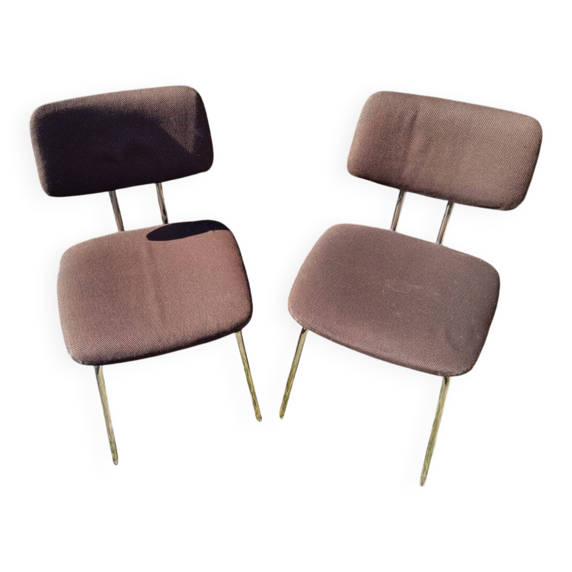 Pair of Vintage 1970s Chrome Metal Chairs with Brown Fabric #D