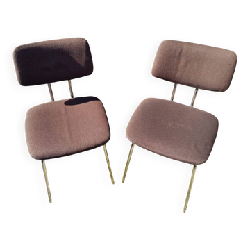 Paire Ancienne Chaise Métal Chromé + Tissu Marron Années 70 Vintage #D