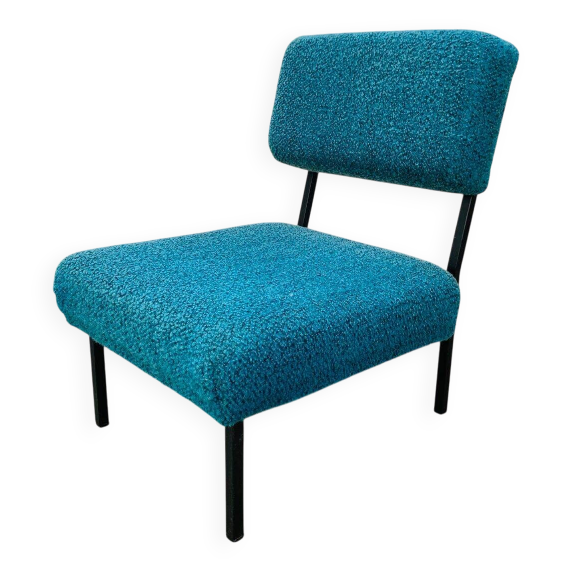 Modernist armchair from the 1950s in vintage blue boucle fabric.