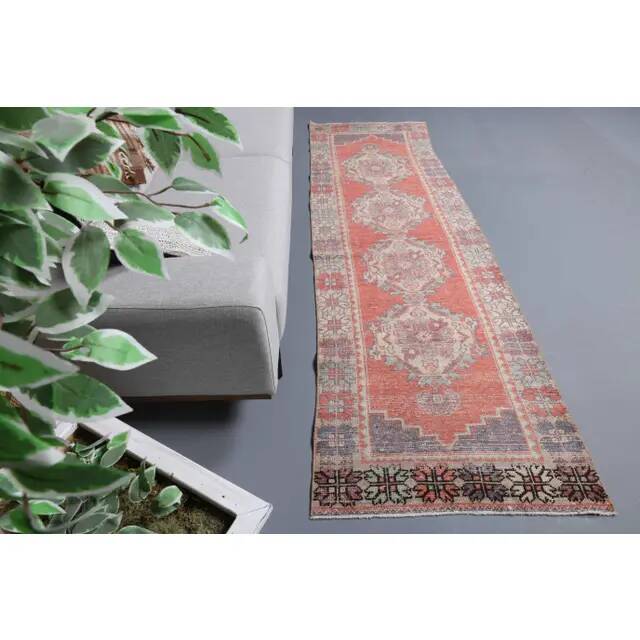 Vintage Turkish Oushak Handmade Wool Cotton Red Runner 85x277