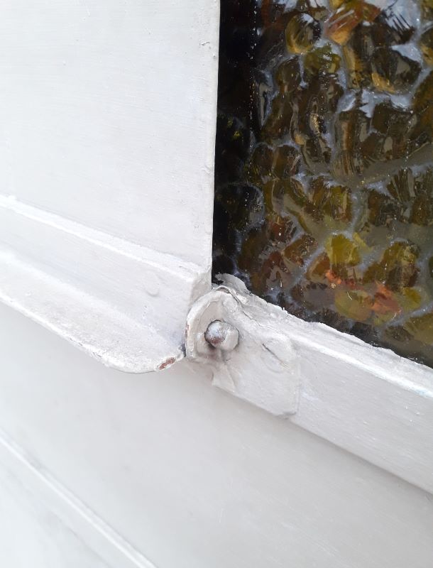 Workshop door 258.4x98.5cm in iron and colored cathedral glass