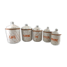 5 spice pots enamelled orange and white vintage trundle