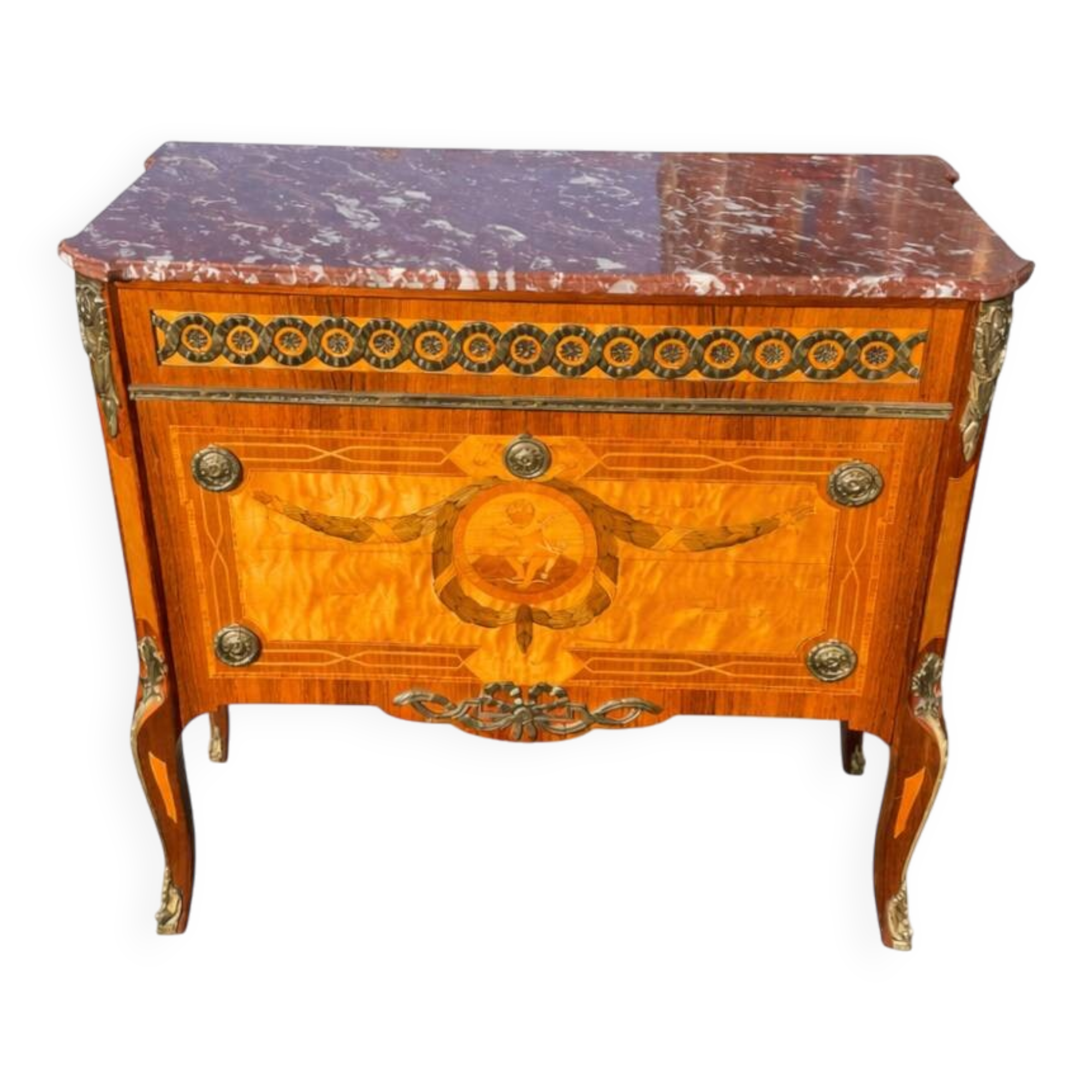 Commode en marqueterie de style Gustavien suédois du milieu du 20e siècle avec marbre