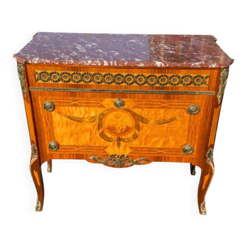 Gustavian-style marquetry commode from mid-20th century Sweden with marble.