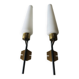 Pair of brass and opaline glass wall lights, Stilnovo period, Italy 1940-50