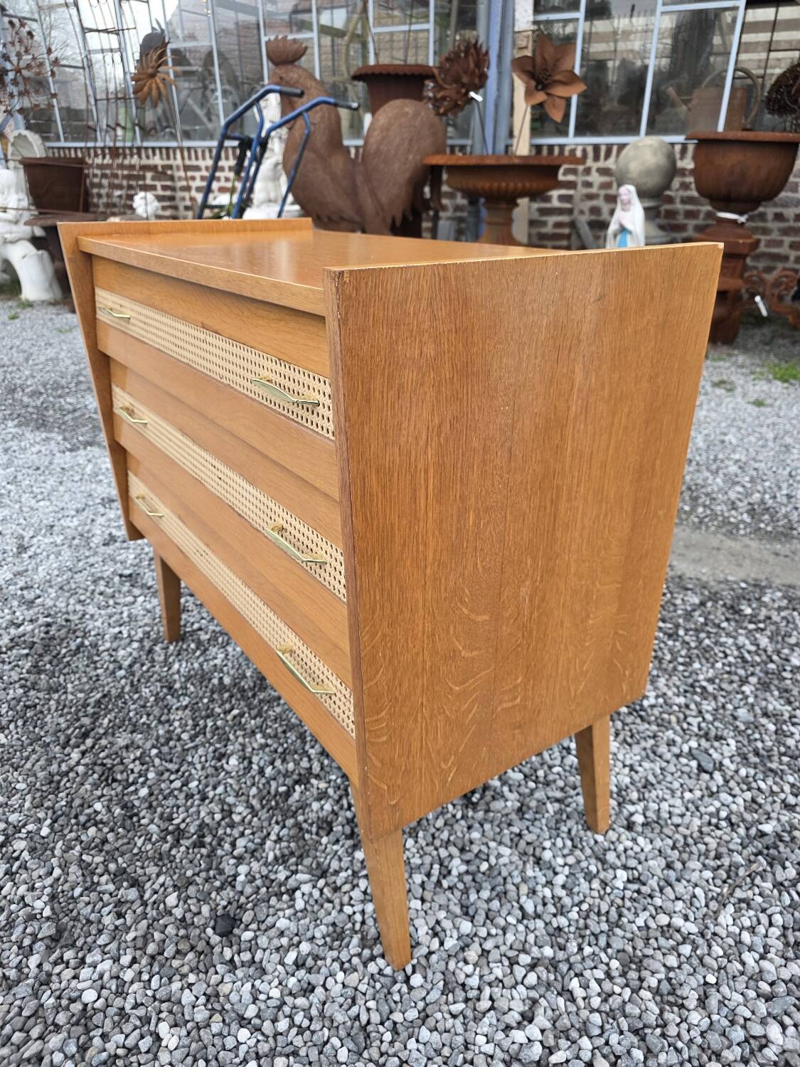 Commode vintage en chêne et cannage des années 60