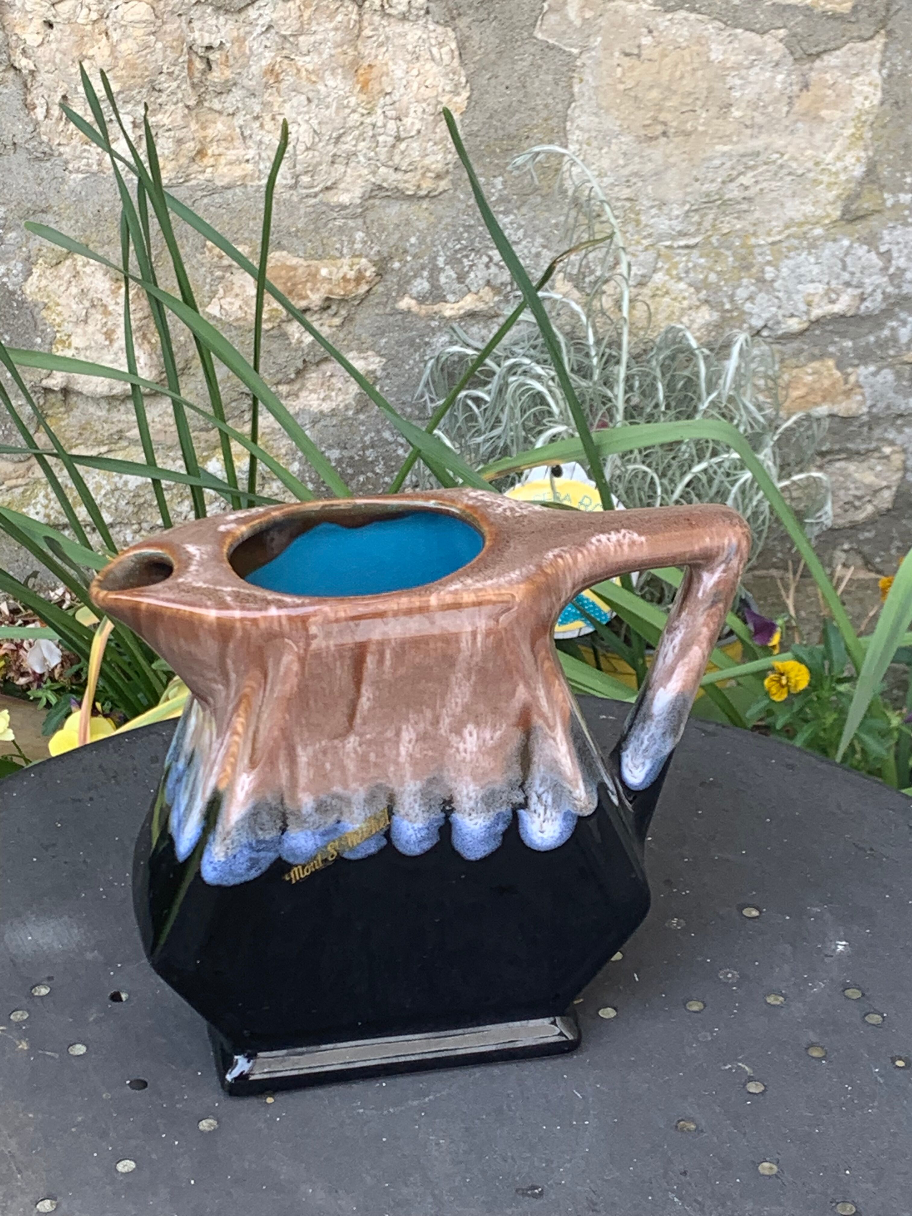 Decanter pitcher in blue and beige glazed ceramic vintage