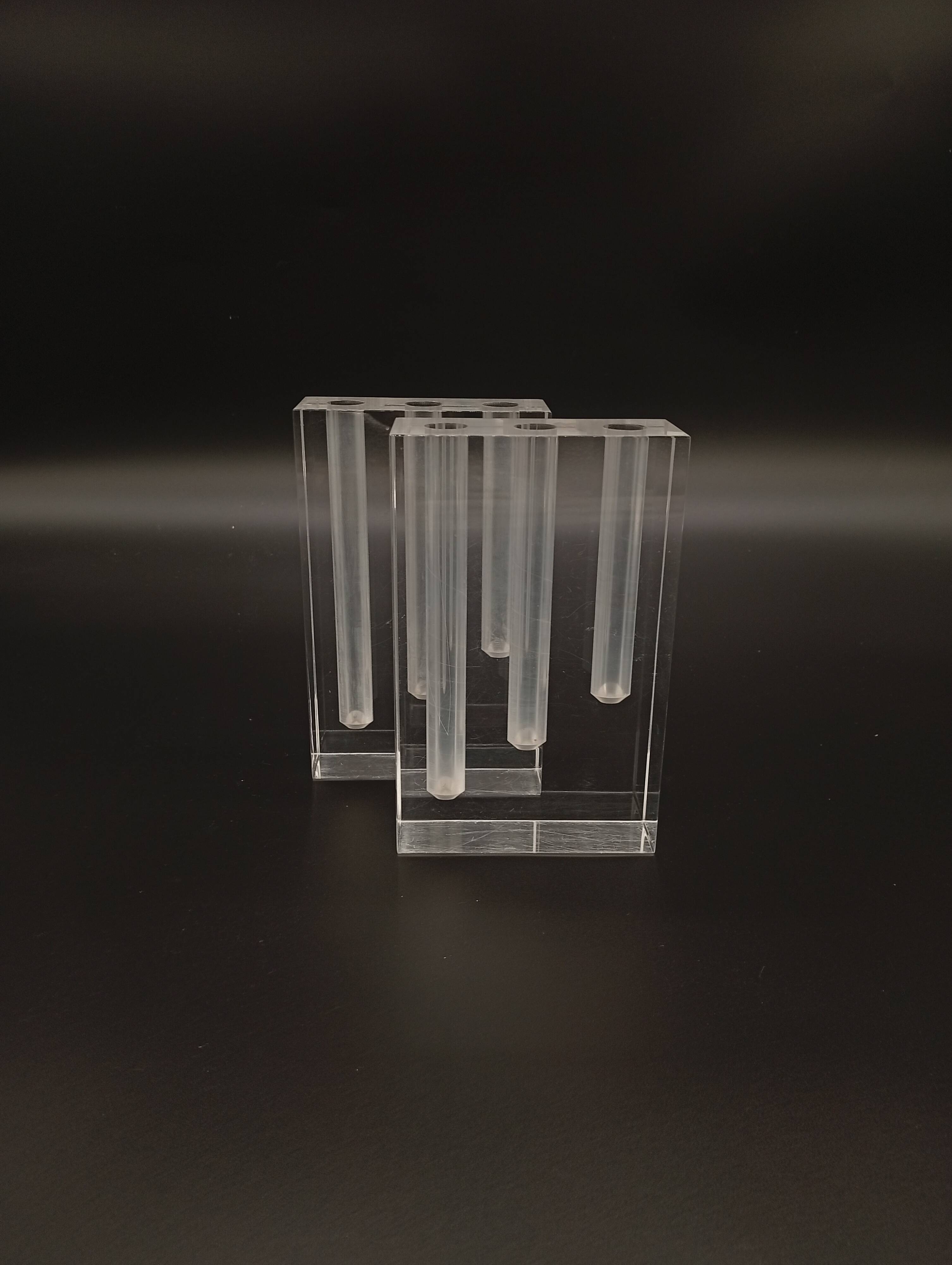 Duo Vase Bloc Résine Lucite Triple Cheminée Plexiglas Design Postmoderne