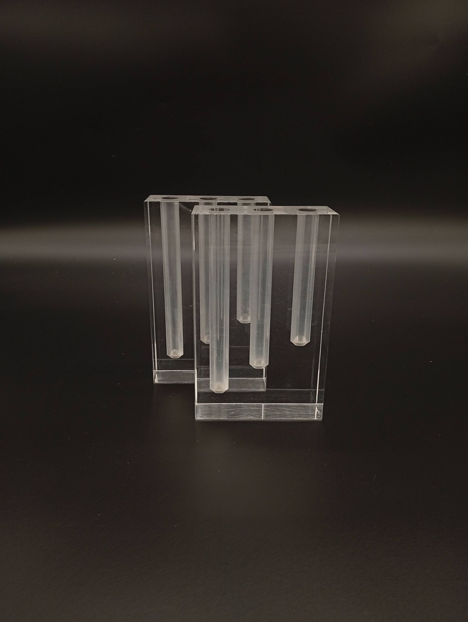 Duo Vase Bloc Résine Lucite Triple Cheminée Plexiglas Design Postmoderne