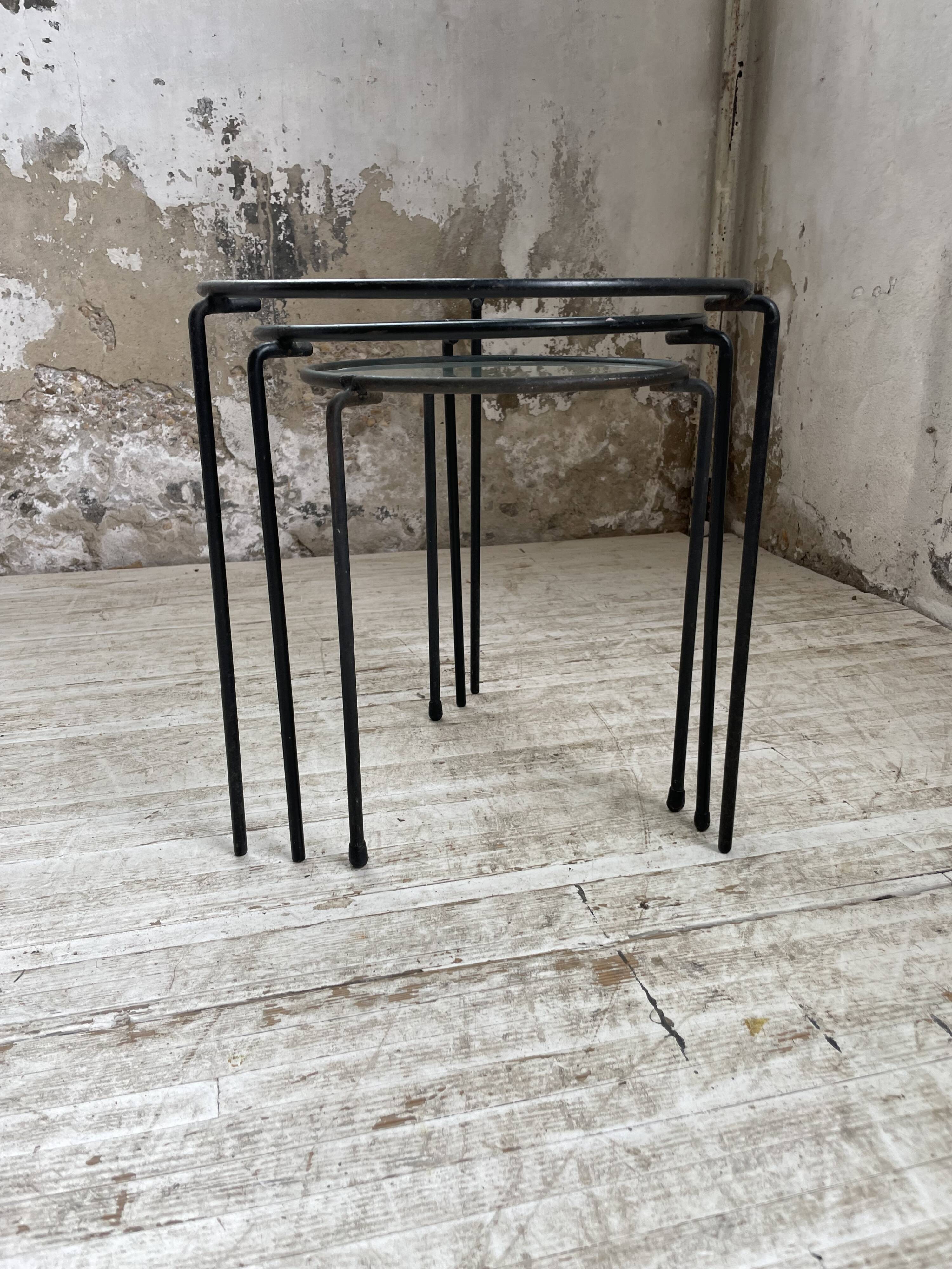 50s metal and glass nesting coffee tables