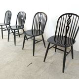 Set of 4 Ercol Ebonized Dining Chairs, 1950s