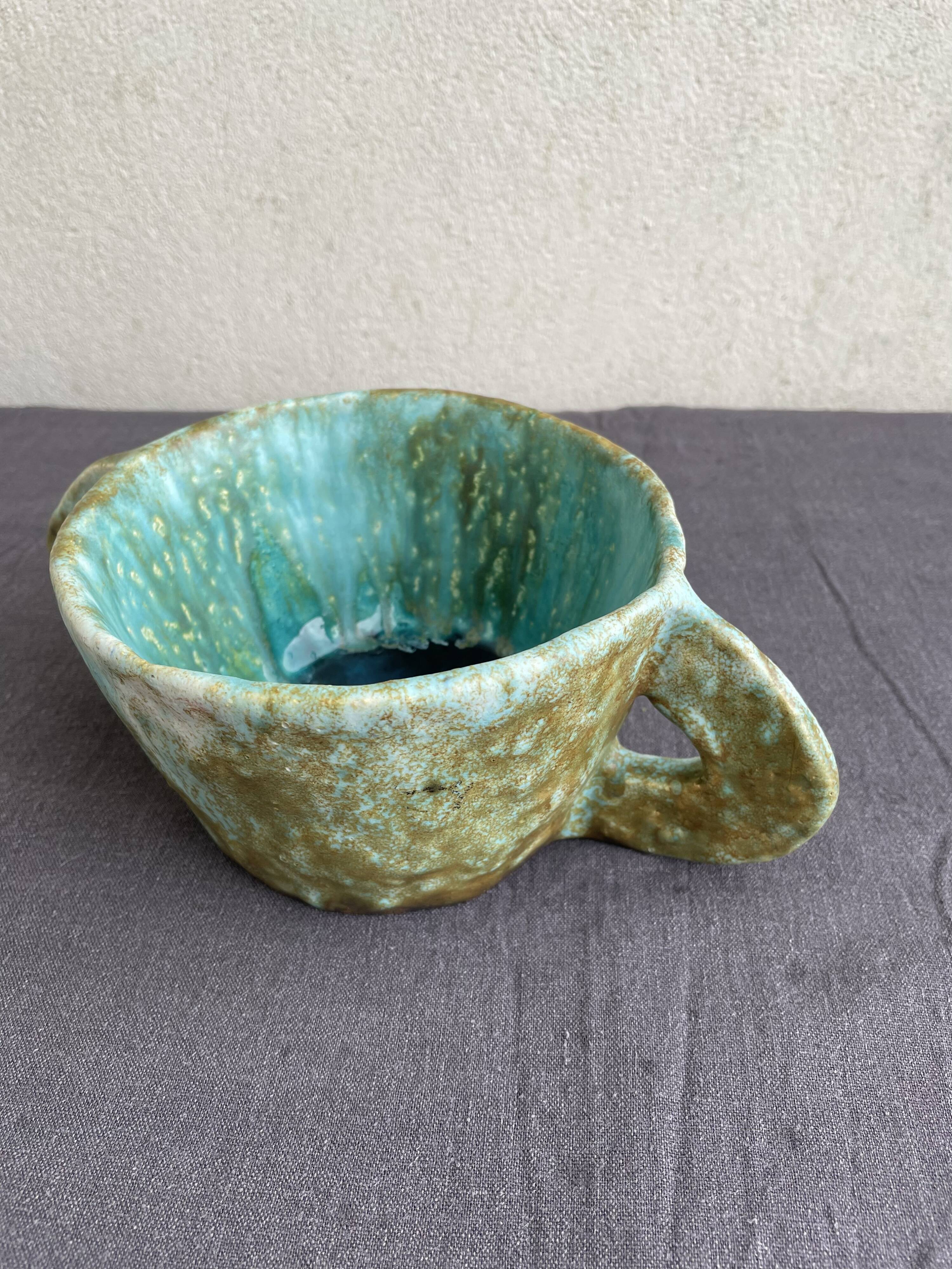 Stoneware bowl with handles, signed handmade ceramic.