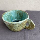 Stoneware bowl with handles, signed handmade ceramic.