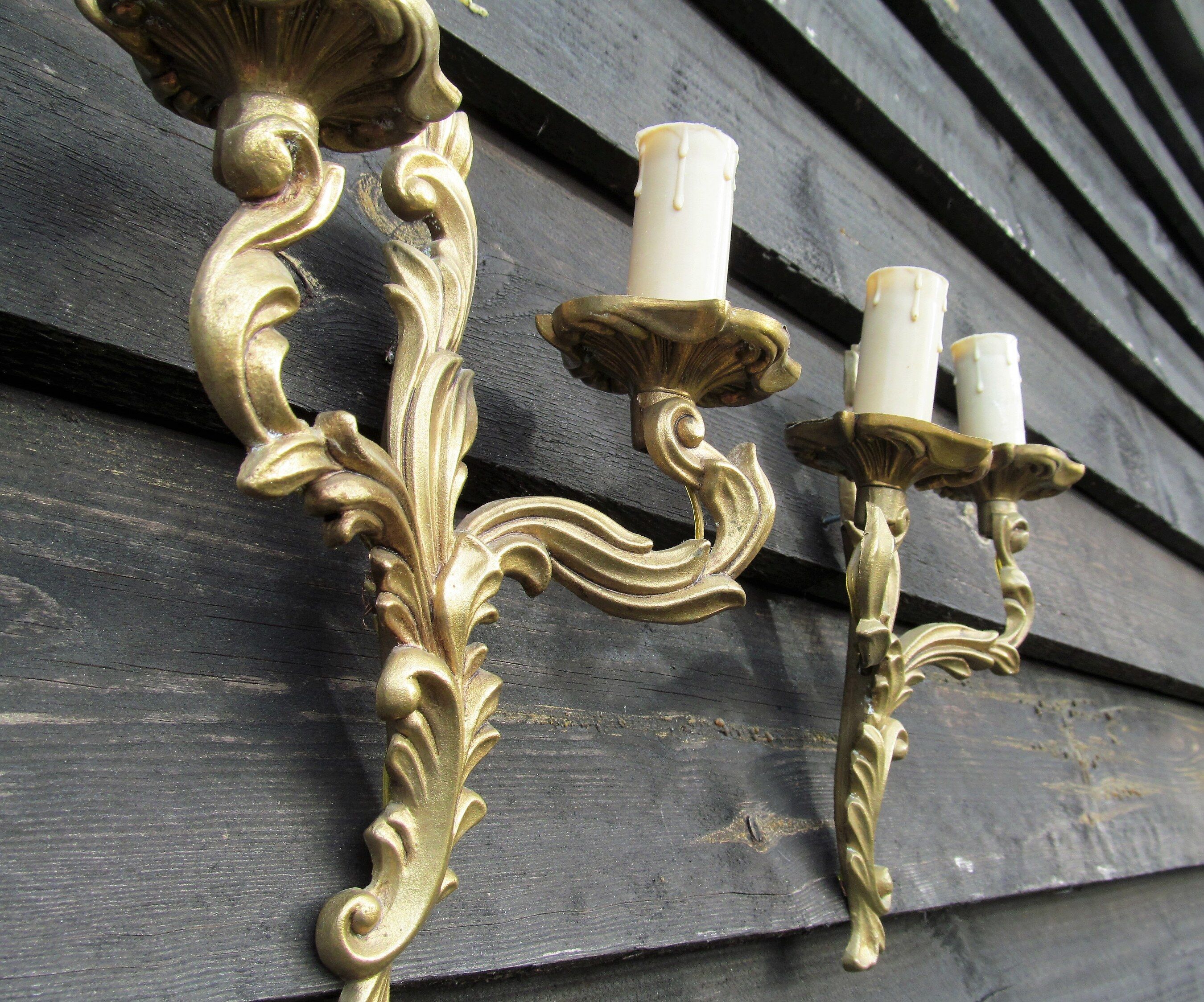 Petite pair of vintage French bronze brass mix 2 arm wall lights sconces revamp rewire