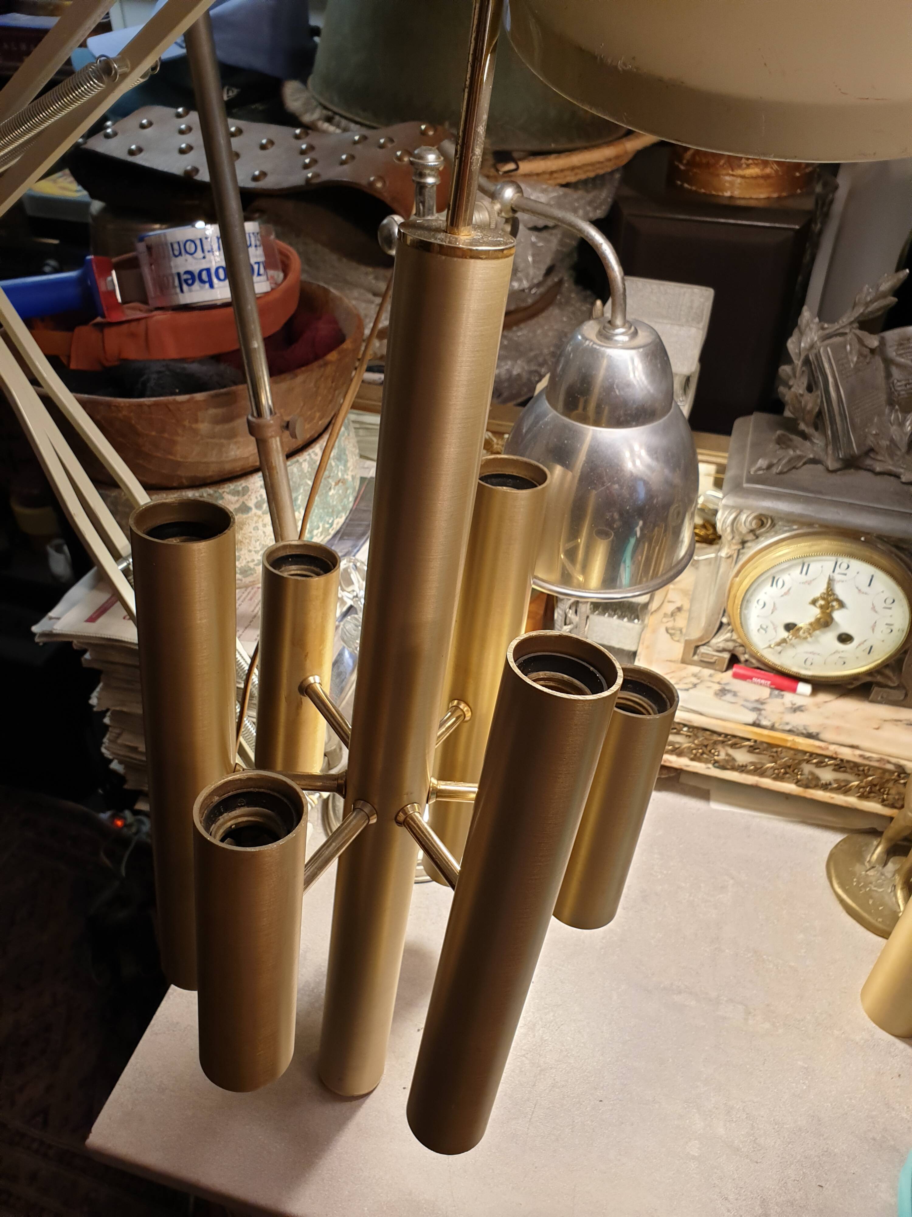 Gold metal pendant chandelier, Italy - 1970