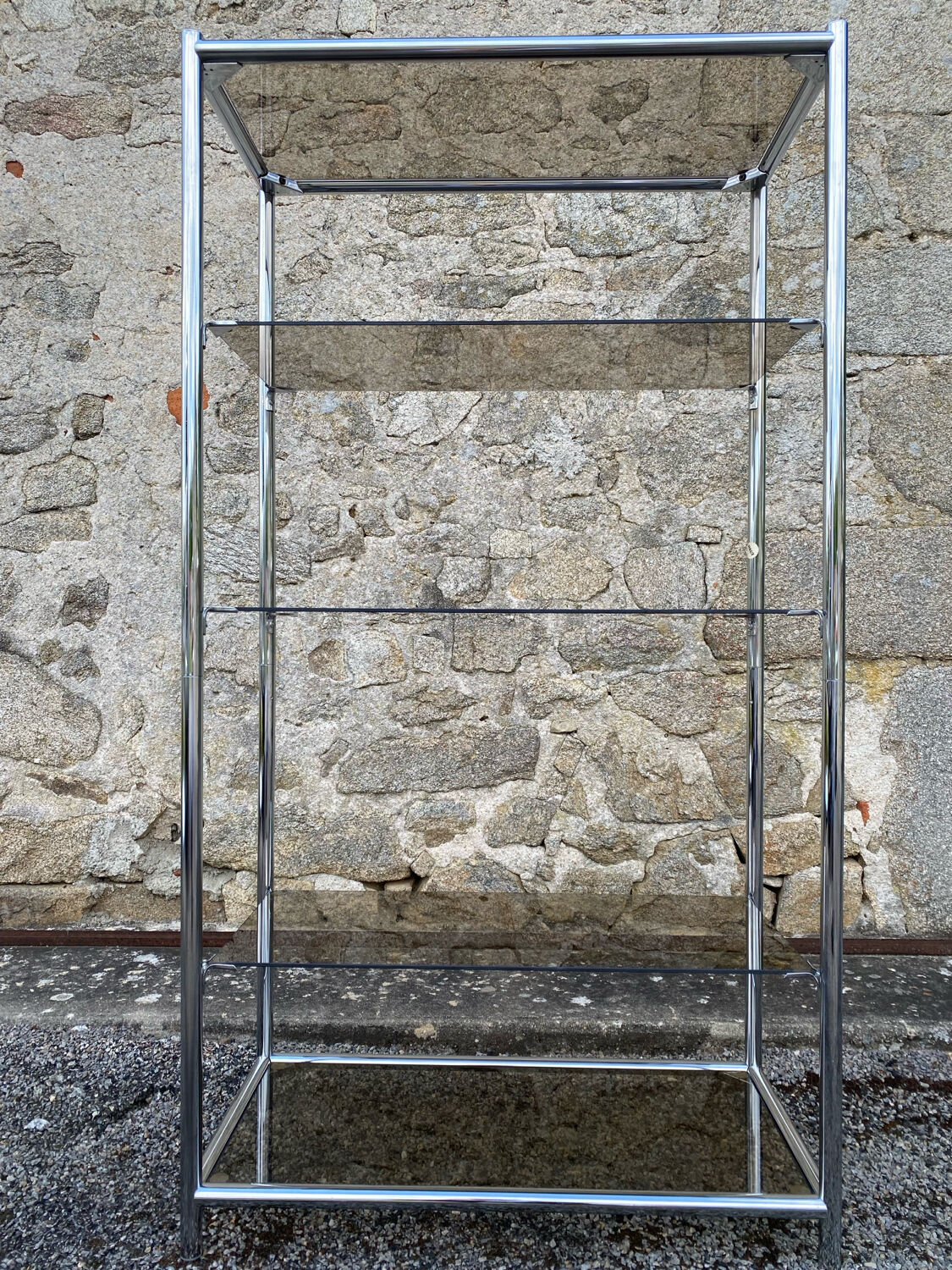 Vintage 1970s Rectangular Chrome High Shelf with 5 Smoked Glass Shelves