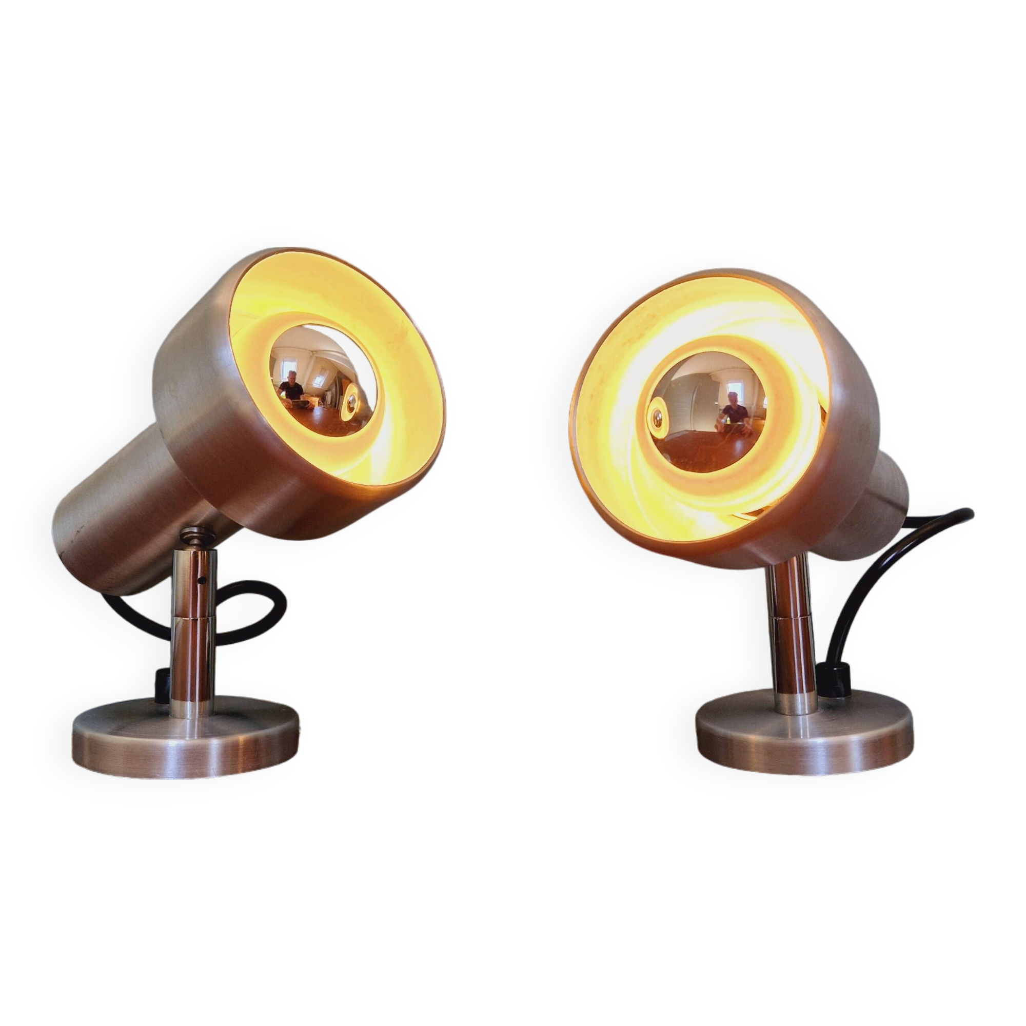 Pair of articulated wall lights in brushed aluminum, 1970