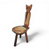 Chaises tripodes brutalistes en cuir de vache pour chat / étiquetées fabriquées en Espagne, dossier pliable, années 1960