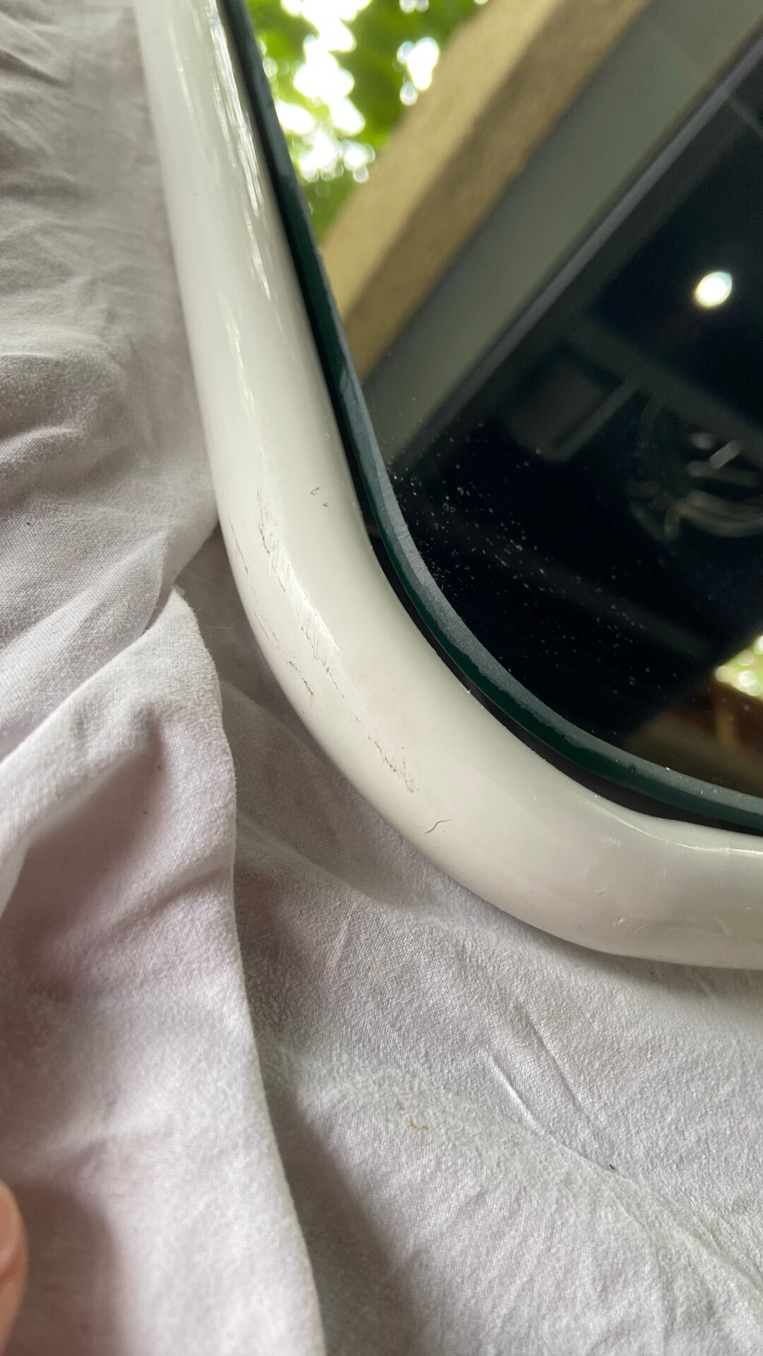 Vintage Space Age mirror / 70s rounded white tubular frame — 71 x 55