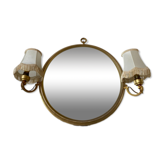 Round gilded mirror with integrated sconces