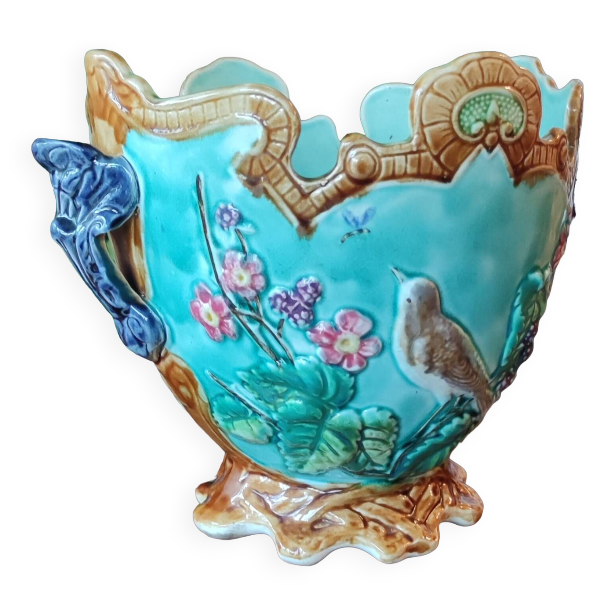 Old Cache Pot Barbotine Decor Warbler Bird Flowers Onnaing