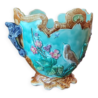 Old Cache Pot Barbotine Decor Warbler Bird Flowers Onnaing