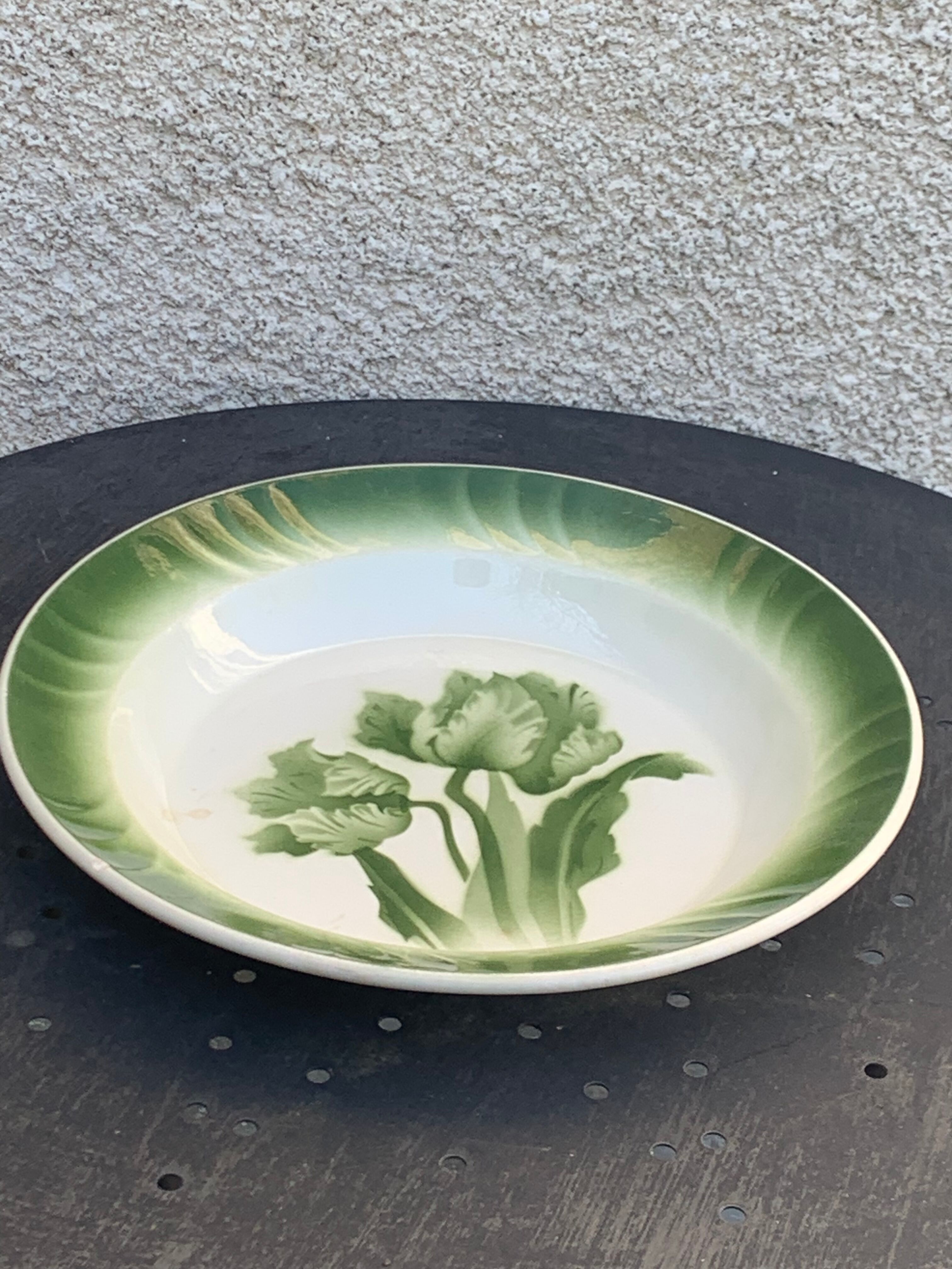 Hollow dish pattern green tulips longwy france old