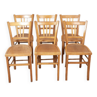 6 chaises bistrot, bois blond, typiques marque Luterma, années 1950-60