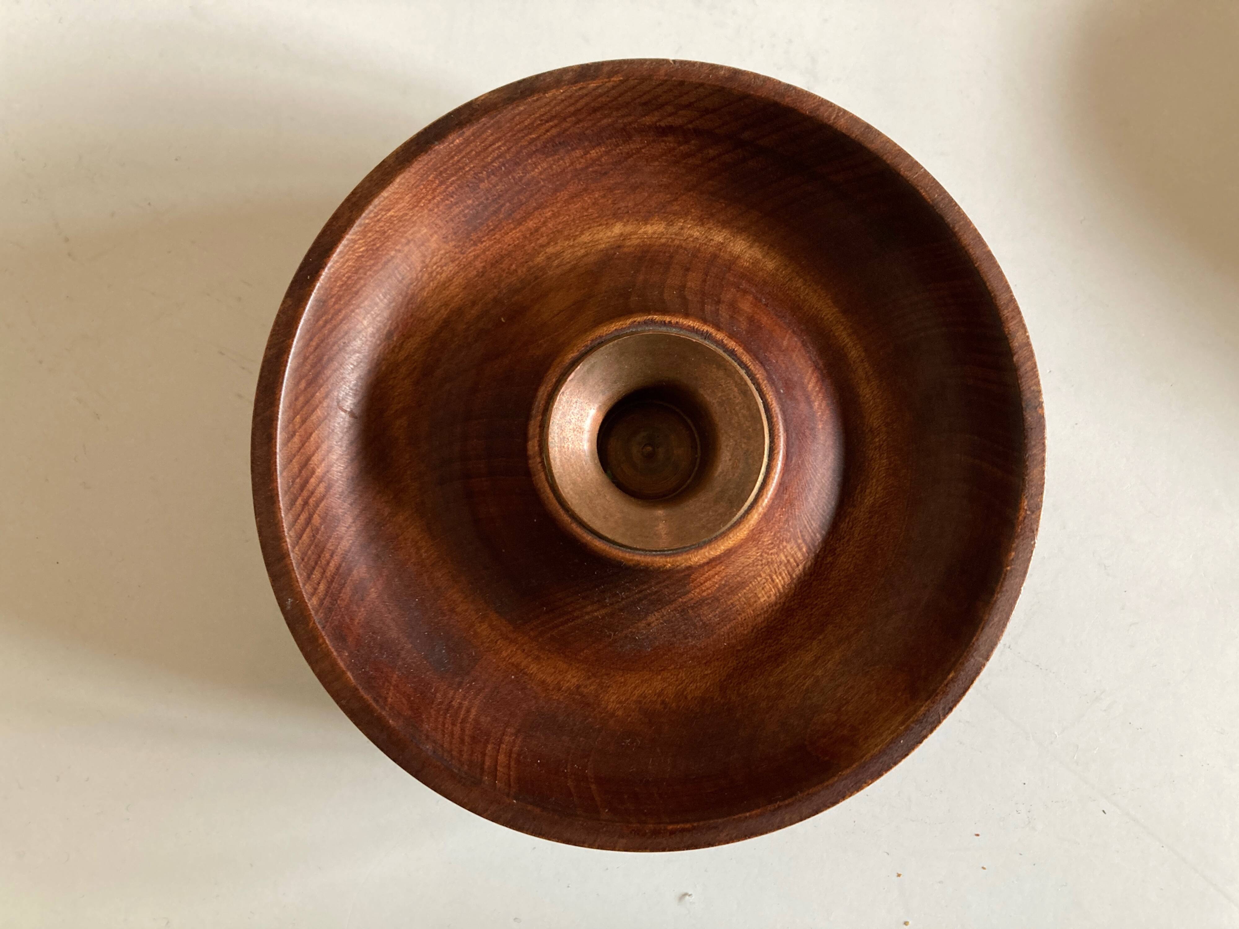 Candle holder in teak and coppery brass Scandinavian mid century modern