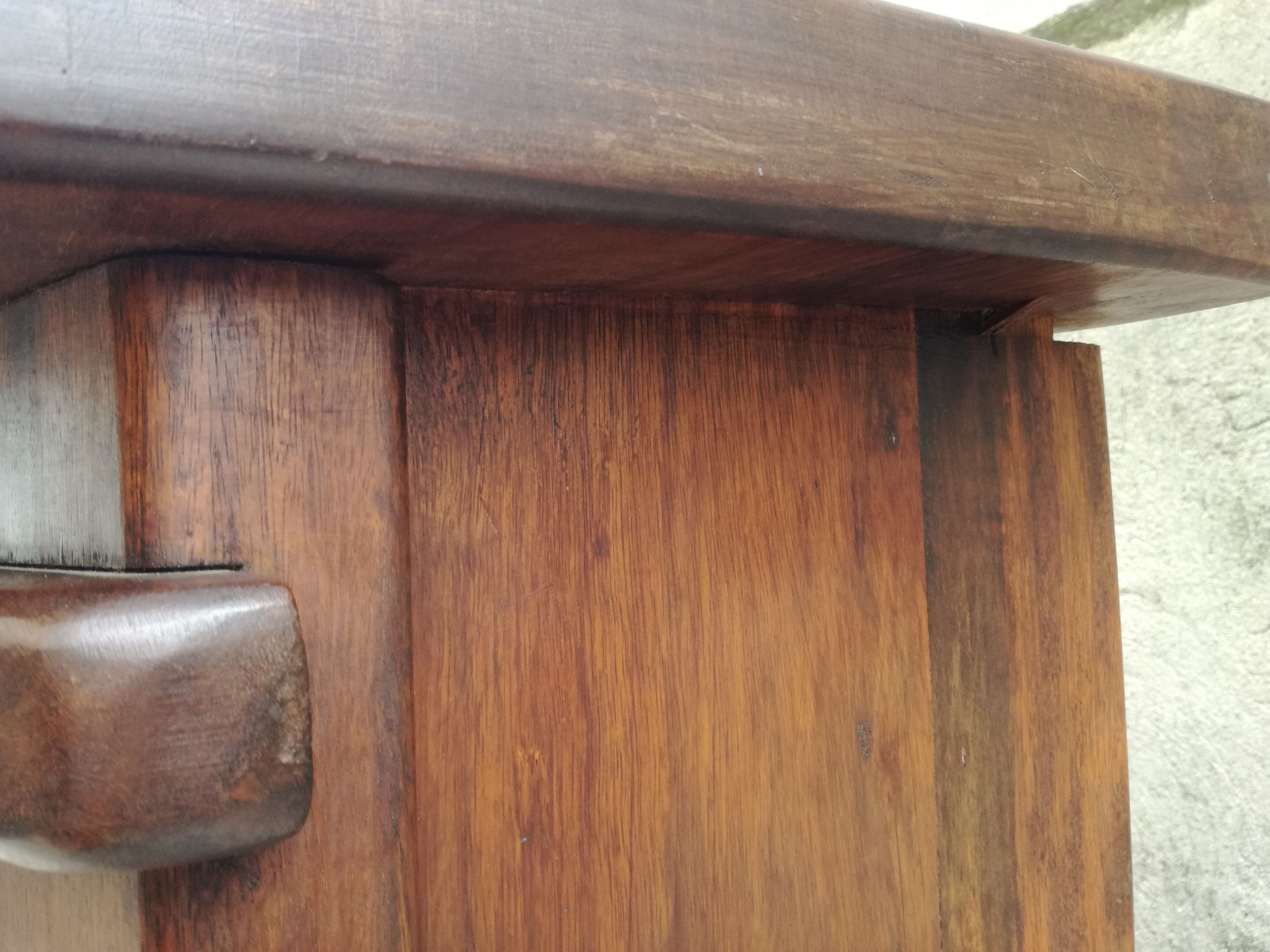 Bar and 2 brutalist stools in massive elm circa 1960