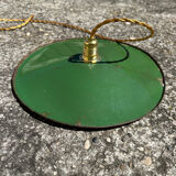 Industrial suspension pair with XL enamelled metal lampshade.