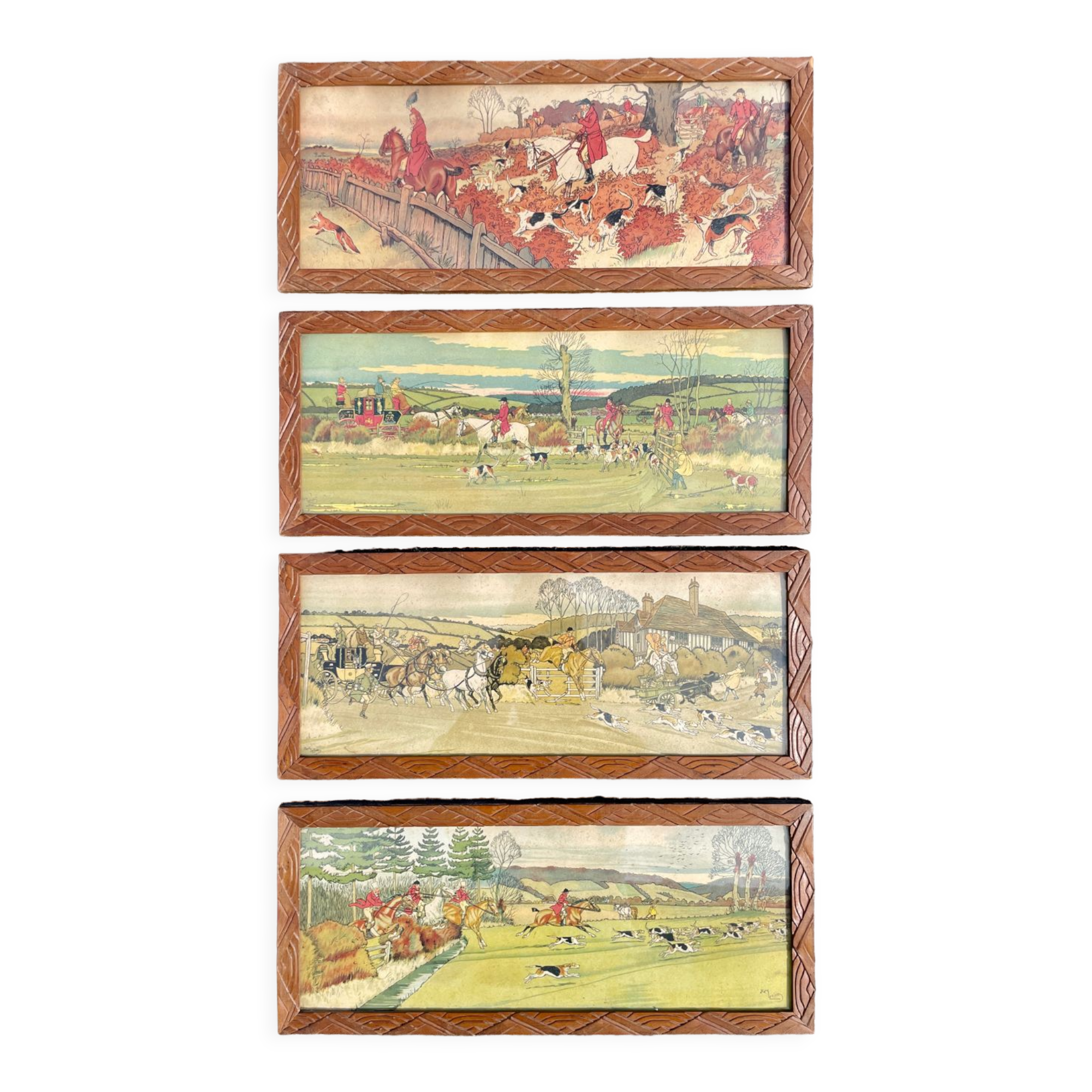 Lot 4 antique prints 1930 art deco signed Harry Eliott hunting scenes