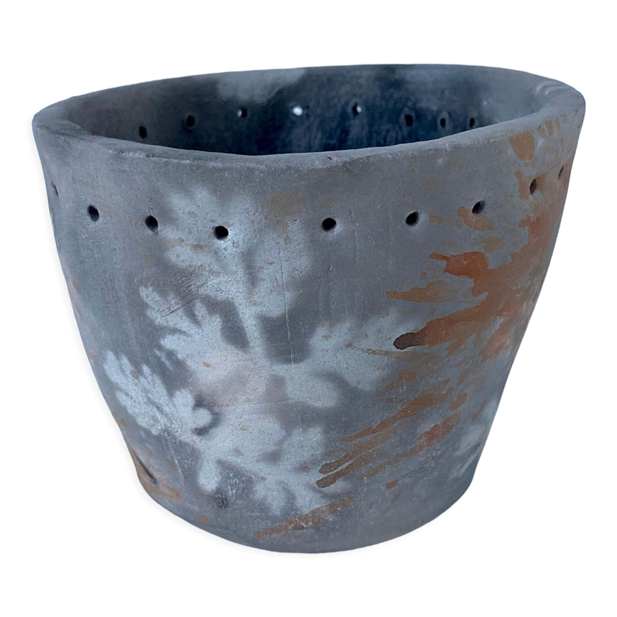 Signed ceramic pot with plant decoration