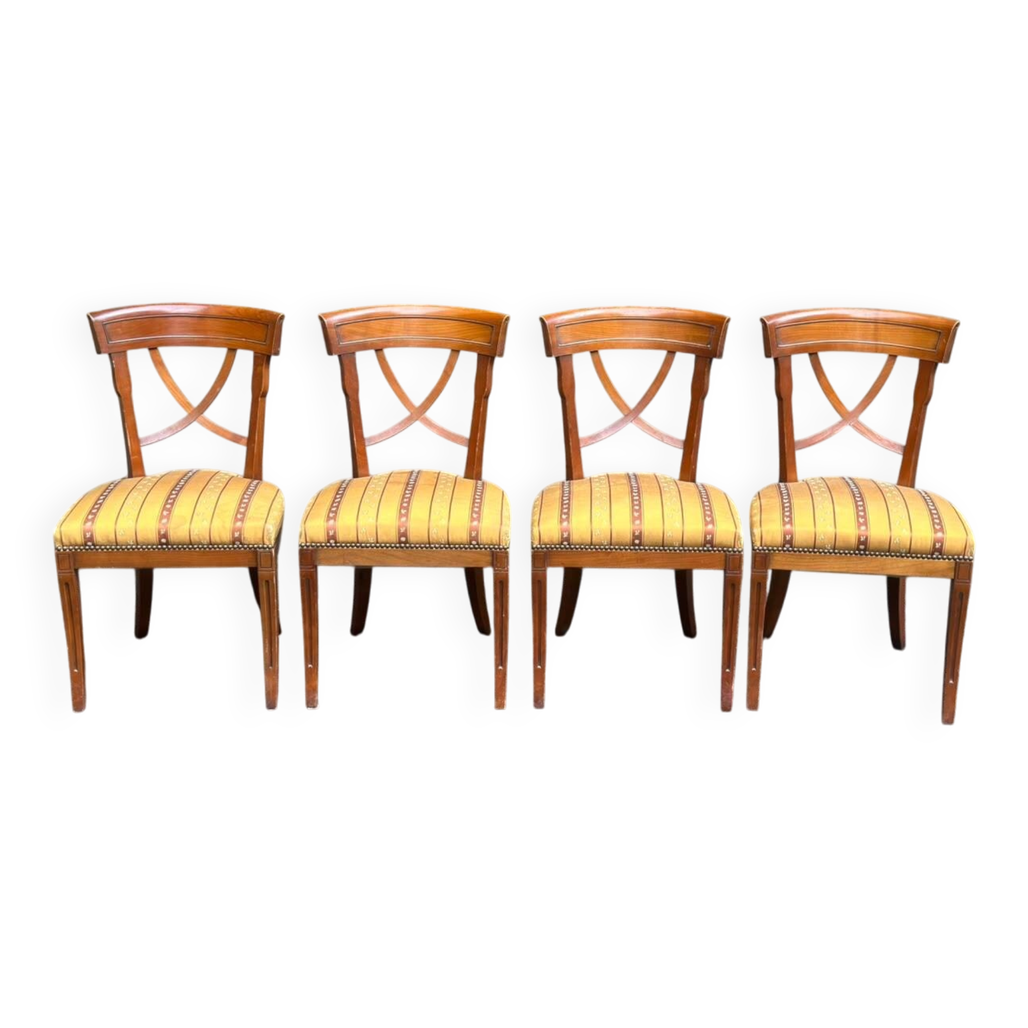 4 Matignon chairs by René Trotel in solid cherry wood and yellow fabric from the 1960s.
