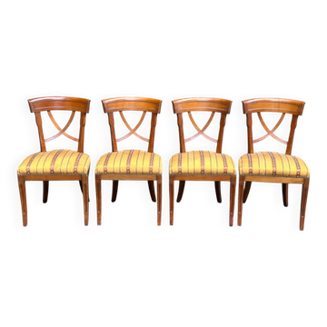 4 Matignon chairs by René Trotel in solid cherry wood and yellow fabric from the 1960s.