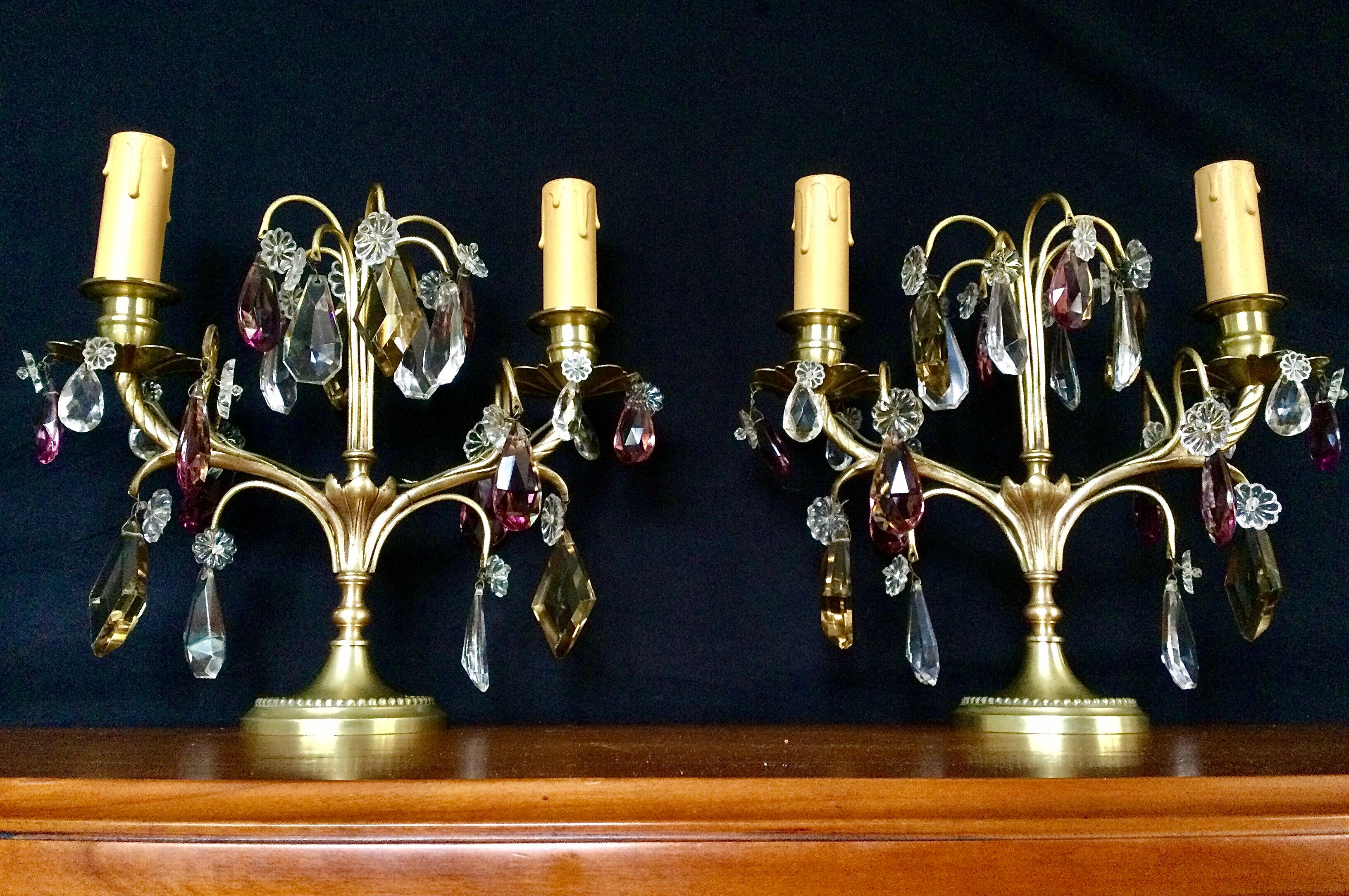 Pair of bronze and crystal girandoles