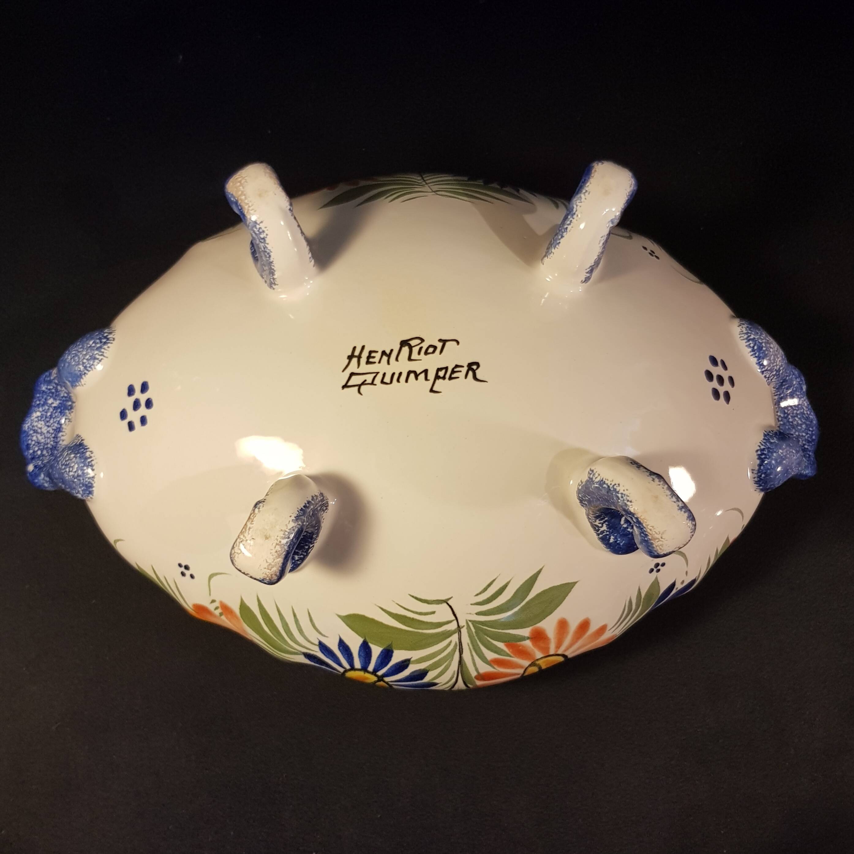 Vegetable soup tureen on Henriot Quimper display dish