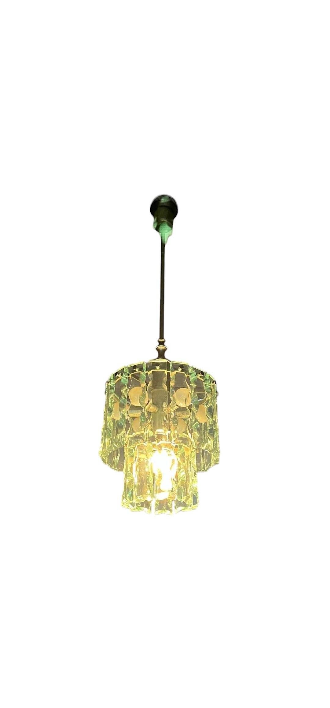 Vintage chandelier in thick, frosted glass, chiseled in the Fontana Arte style.