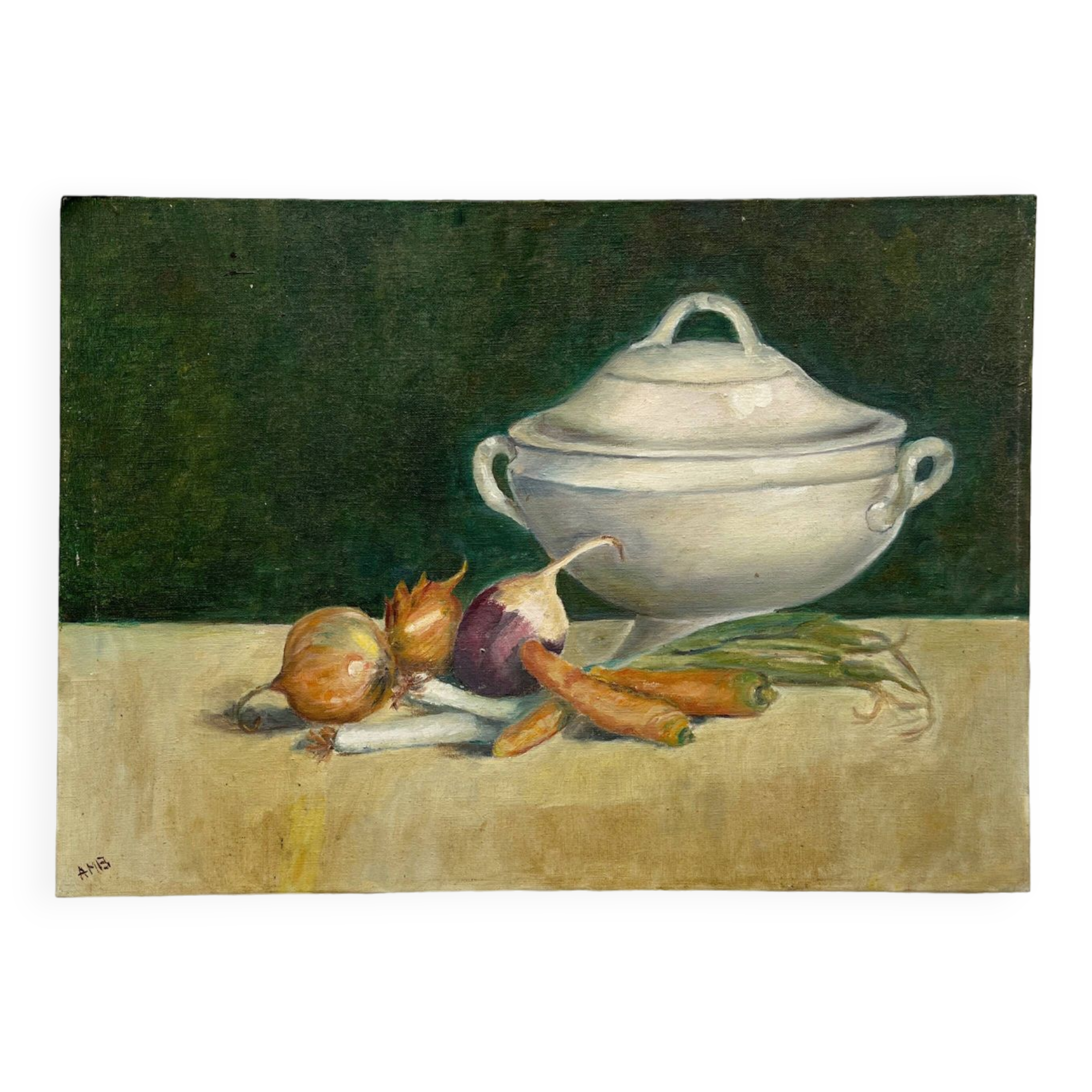 Antique painting on canvas board "La Soupière" signed Anne Marie Beiruet