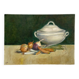 Old painting on canvas board "La Soupière" signed Anne Marie Beiruet