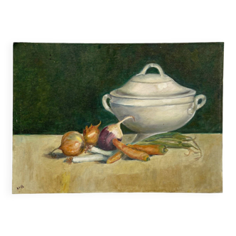 Old painting on canvas board "La Soupière" signed Anne Marie Beiruet