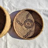Antique basket with ethnic lid with black/brown and red décor